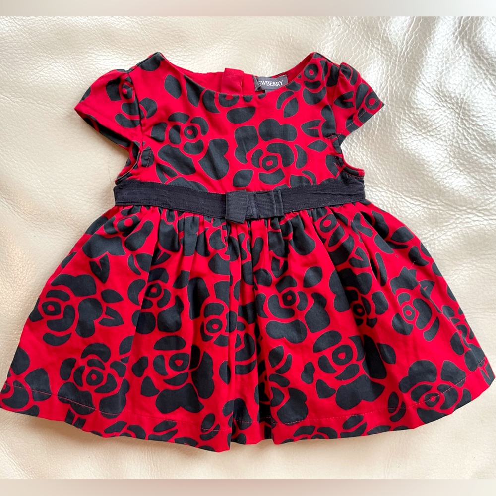 Striking Baby Girl Party Dress, Red & Black Floral, Flared Skirt w Sash